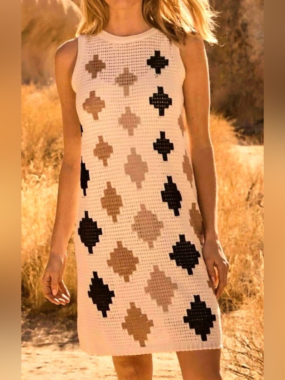 Nic + Zoe Crochet Diamond Mini Dress Large Tank Lined Boho Southwest